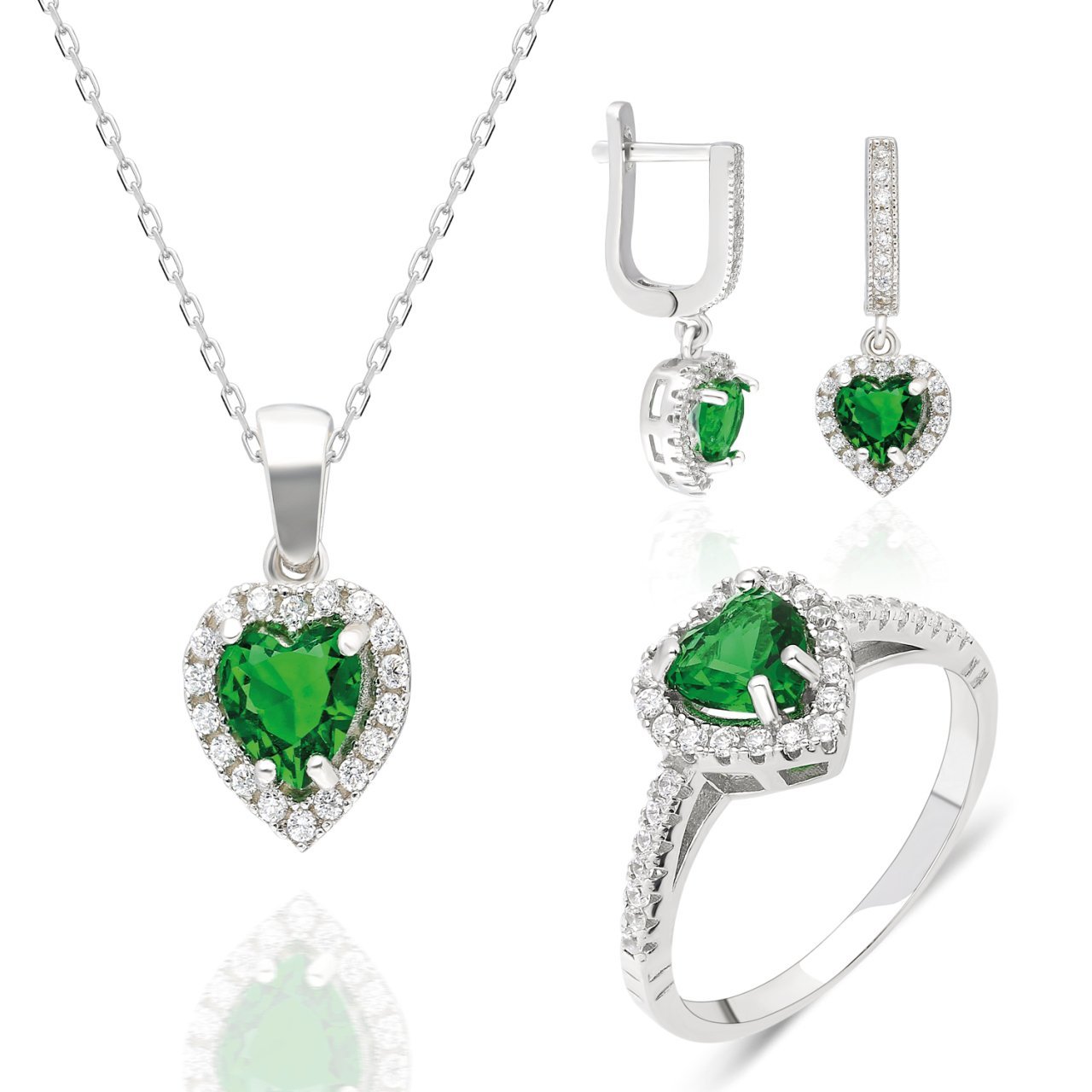 Kalpli Yeşil Zirkon Taşı Gümüş Bayan Takı Seti