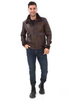 Yakası Peluşlu Model Deri Mont Fındık Renk