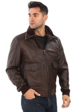 Yakası Peluşlu Model Deri Mont Fındık Renk