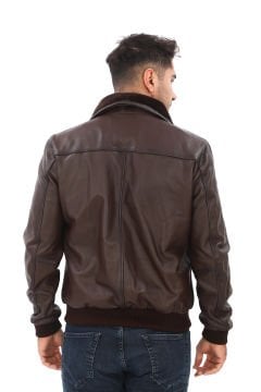 Yakası Peluşlu Model Deri Mont Fındık Renk