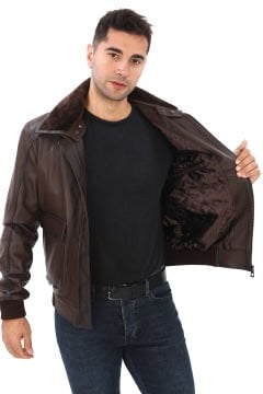 Yakası Peluşlu Model Deri Mont Fındık Renk