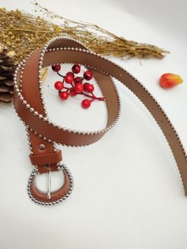 Oval Tokalı Kenarı Boncuklu Spor Model Kadın Kemer Taba