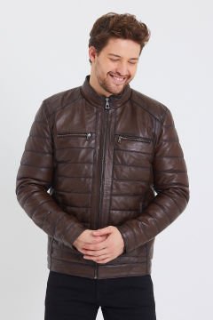 Şişme Model İç Cepli Fındık Renk Erkek Deri Mont