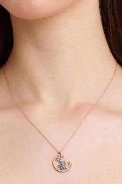 Kedi Figürlü Rose Gold Renk Gümüş Kadın Kolye