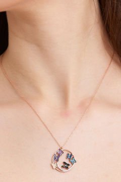 Yuvarlak Kelebekli Rose Gold Renk Gümüş Kadın Kolye