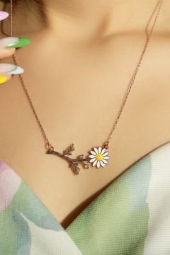 Rose Renk Papatya Model Gümüş Kolye