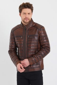 Fındık Renk Şişme Model Erkek Spor Deri Mont