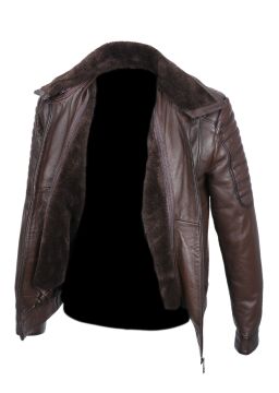 Yakası ve İçi Peluşlu Kolu Dikişli Fındık Renk Spor Deri Mont