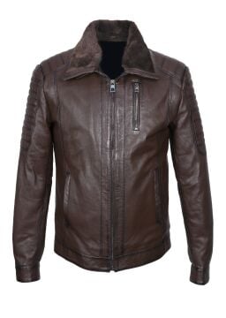 Yakası ve İçi Peluşlu Kolu Dikişli Fındık Renk Spor Deri Mont