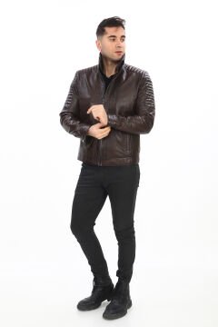 Yakası ve İçi Peluşlu Kolu Dikişli Fındık Renk Spor Deri Mont