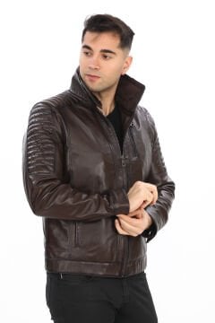 Yakası ve İçi Peluşlu Kolu Dikişli Fındık Renk Spor Deri Mont