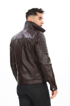 Yakası ve İçi Peluşlu Kolu Dikişli Fındık Renk Spor Deri Mont