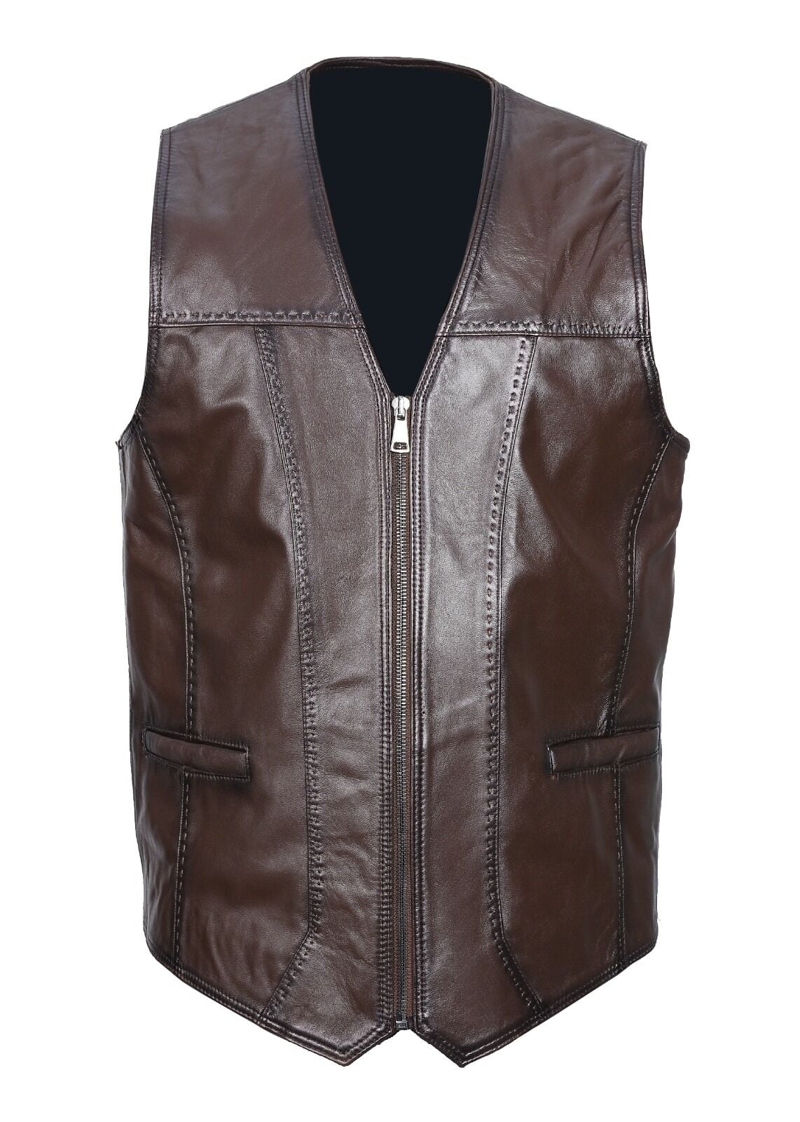 Fermuarlı Punto Dikişli Fındık Renk Spor Deri Yelek