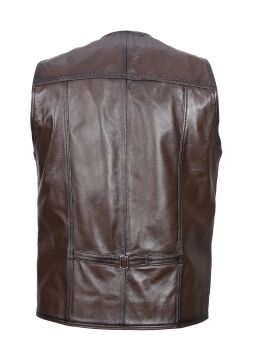 Fermuarlı Punto Dikişli Fındık Renk Spor Deri Yelek