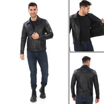 Yakalı Spor kesim Erkek Deri Ceket Siyah renk