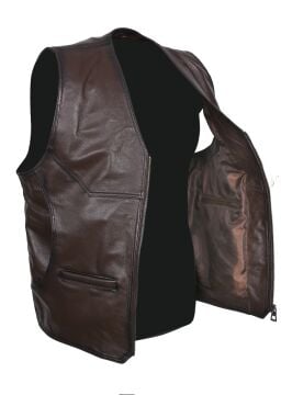 Önü Fermuarlı Klasik Kesim Deri Yelek Fındık Renk