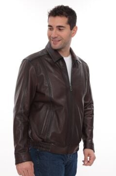 Eskitme Deri Beli Lastikli Model Fındık Renk Erkek Deri Mont