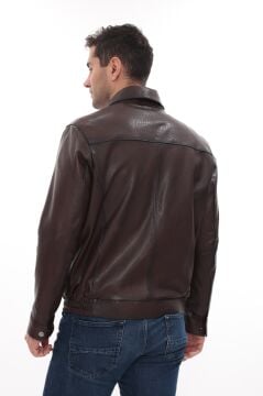 Eskitme Deri Beli Lastikli Model Fındık Renk Erkek Deri Mont