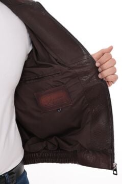 Eskitme Deri Beli Lastikli Model Fındık Renk Erkek Deri Mont