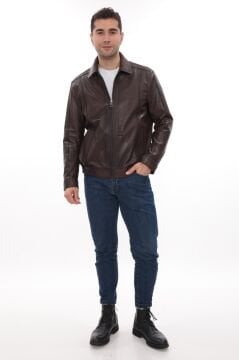 Eskitme Deri Beli Lastikli Model Fındık Renk Erkek Deri Mont