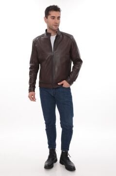 Eskitme Deri Hakim Yaka Spor Erkek Deri Ceket Fındık Renk