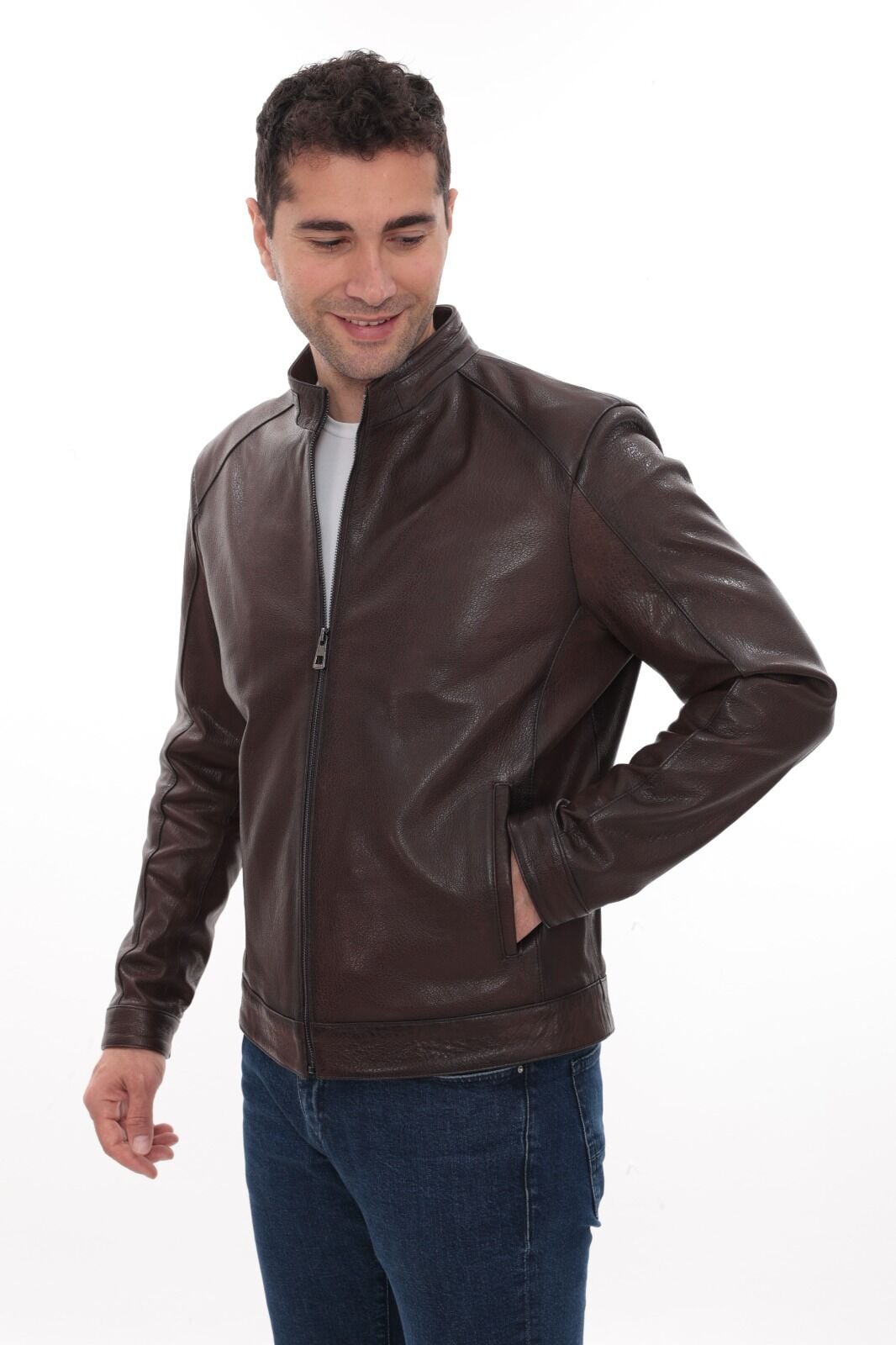 Eskitme Deri Hakim Yaka Spor Erkek Deri Ceket Fındık Renk