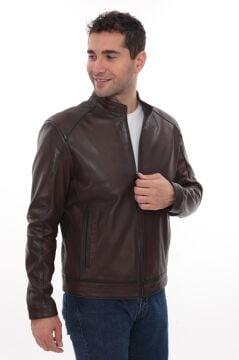 Eskitme Deri Hakim Yaka Spor Erkek Deri Ceket Fındık Renk