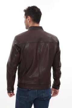 Eskitme Deri Hakim Yaka Spor Erkek Deri Ceket Fındık Renk