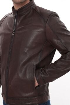 Eskitme Deri Hakim Yaka Spor Erkek Deri Ceket Fındık Renk