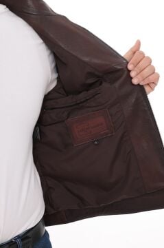 Eskitme Deri Hakim Yaka Spor Erkek Deri Ceket Fındık Renk