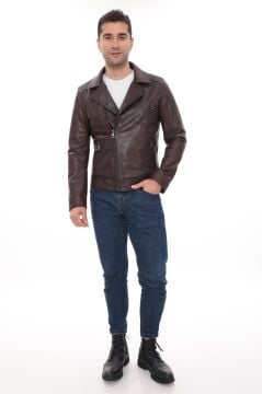 Eskitme Deri Kruvaze Yaka Fit Kesim Erkek Sade Mont
