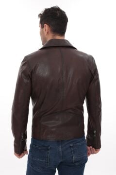 Eskitme Deri Kruvaze Yaka Fit Kesim Erkek Sade Mont