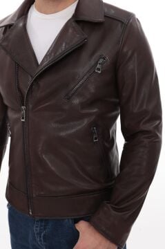 Eskitme Deri Kruvaze Yaka Fit Kesim Erkek Sade Mont