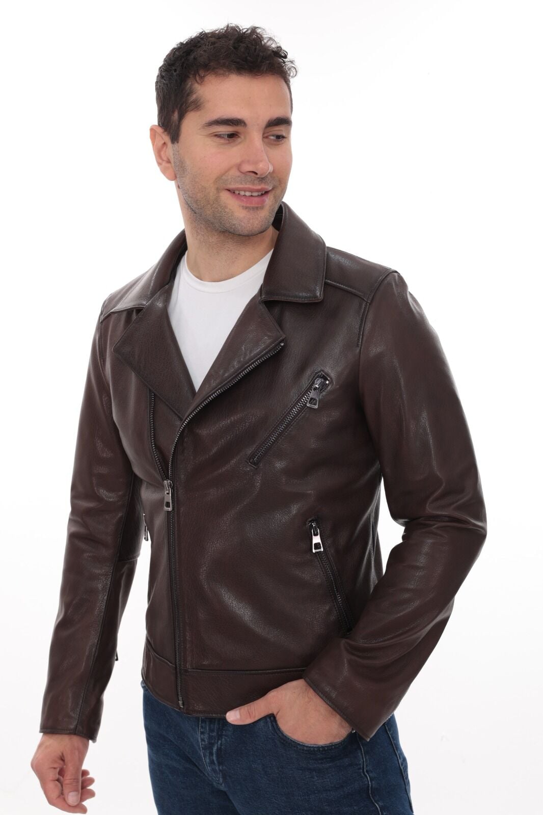 Eskitme Deri Kruvaze Yaka Fit Kesim Erkek Sade Mont