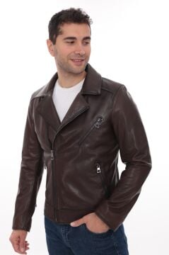 Eskitme Deri Kruvaze Yaka Fit Kesim Erkek Sade Mont
