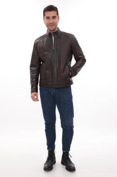Eskitme Deri Hakim Yaka Erkek Deri Ceket Fındık Renk