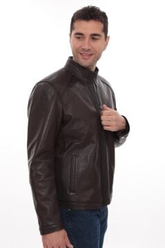 Eskitme Deri Hakim Yaka Erkek Deri Ceket Fındık Renk