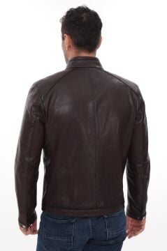 Eskitme Deri Hakim Yaka Erkek Deri Ceket Fındık Renk