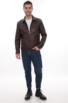 Eskitme Deri Yakalı Spor kesim Erkek Deri Ceket Fındık Renk