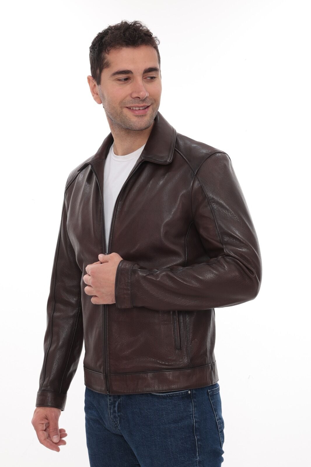 Eskitme Deri Yakalı Spor kesim Erkek Deri Ceket Fındık Renk