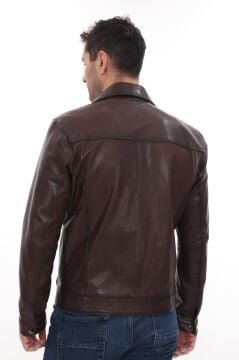 Eskitme Deri Yakalı Spor kesim Erkek Deri Ceket Fındık Renk