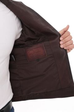 Eskitme Deri Yakalı Spor kesim Erkek Deri Ceket Fındık Renk