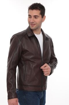 Eskitme Deri Yakalı Spor kesim Erkek Deri Ceket Fındık Renk
