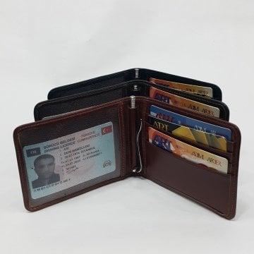 Siyah-Taba-Kahve Renkte Yatay Model Ortada Demir Ekli Hakiki Deri Kartlık