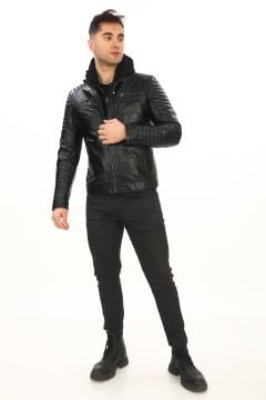Kapşonlu Spor Deri Mont Kolu Fermuarlı