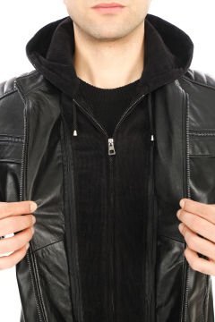 Kapşonlu Spor Deri Mont Kolu Fermuarlı