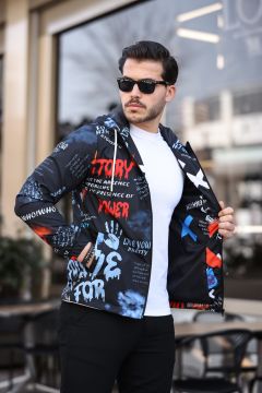 Mavi ve Turuncu Renk Baskılı Spor Model Kumaş Mont