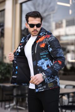 Mavi ve Turuncu Renk Baskılı Spor Model Kumaş Mont