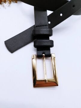 Altın Renk Tokalı Klasik Tasarımlı Kadın Kemer Siyah