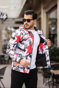 Beyaz Renk Yazı Baskılı Spor Model Kumaş Mont